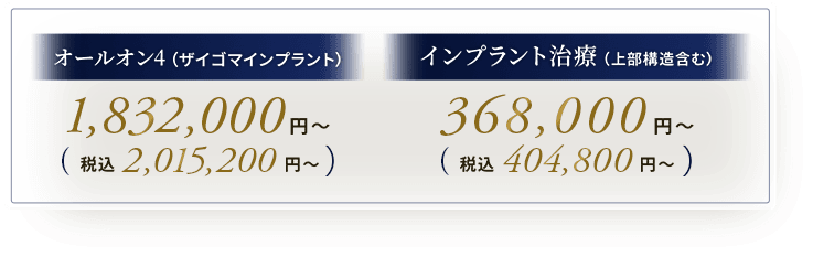 インプラント治療（上部構造含む）プラン例：(税込)000,000円〜／オールオン4(ザイゴマインプラント)：(税込)000,000円〜